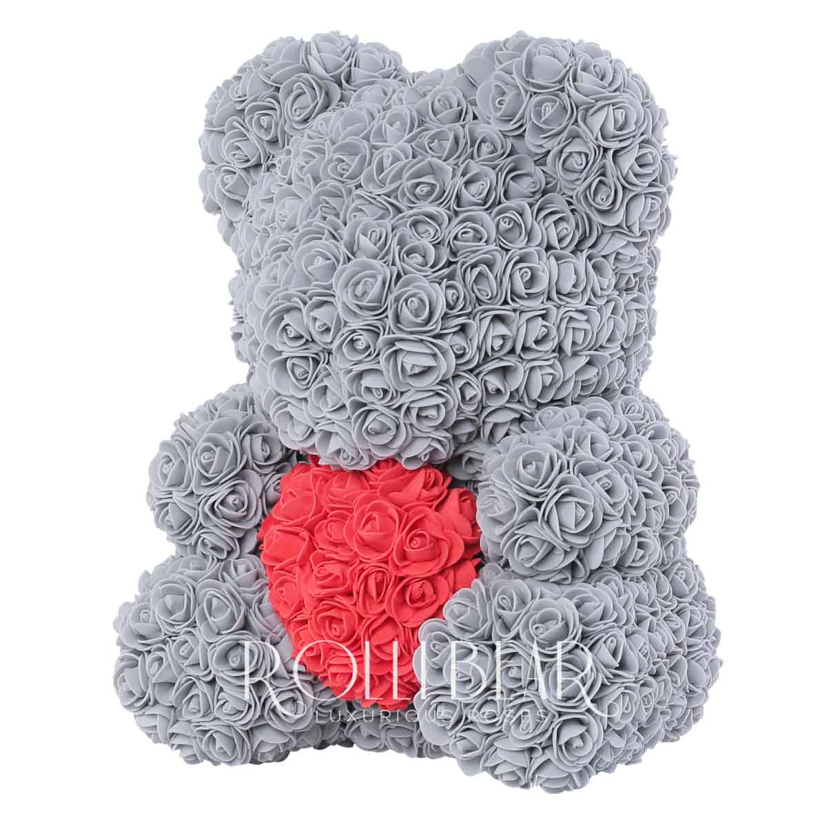 RolliBear_Ursulet_din_Trandafiri_Gri_cu_Rosu_40cm_2