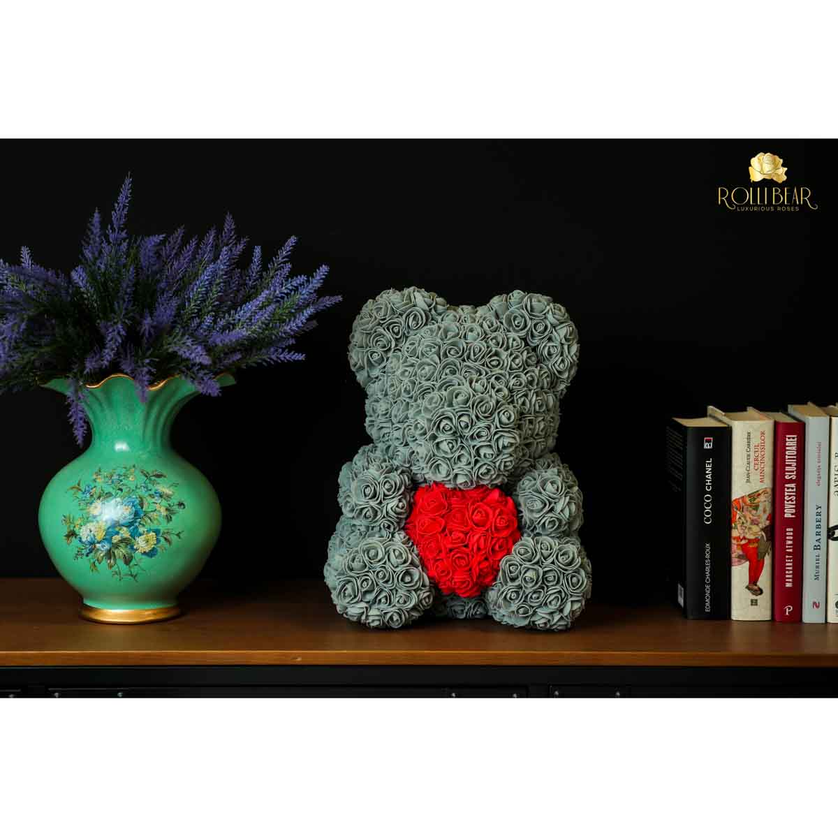 RolliBear_Ursulet_din_Trandafiri_Gri_cu_Rosu_40cm_3