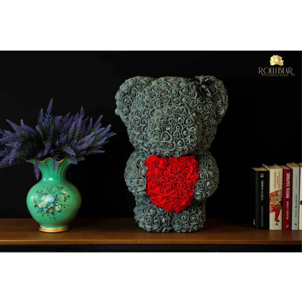 grey rose bear with pink heart