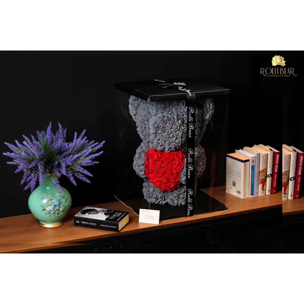 RolliBear_Ursulet_din_Trandafiri_Gri_cu_Rosu_55cm_4